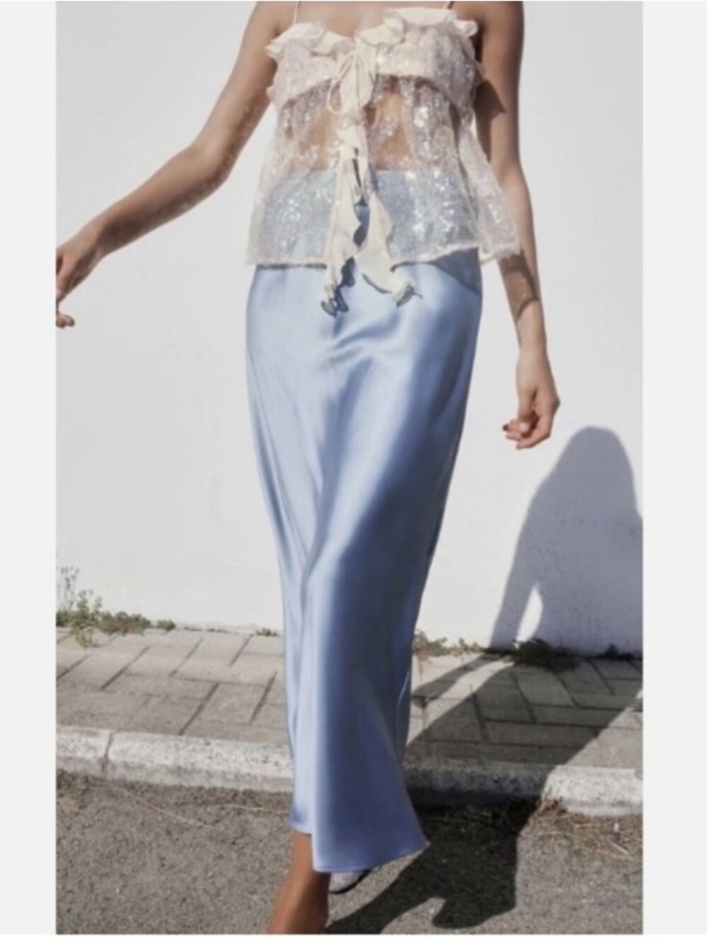 ZARA - Satin Effect Midi Skirt | Ice Blue - M